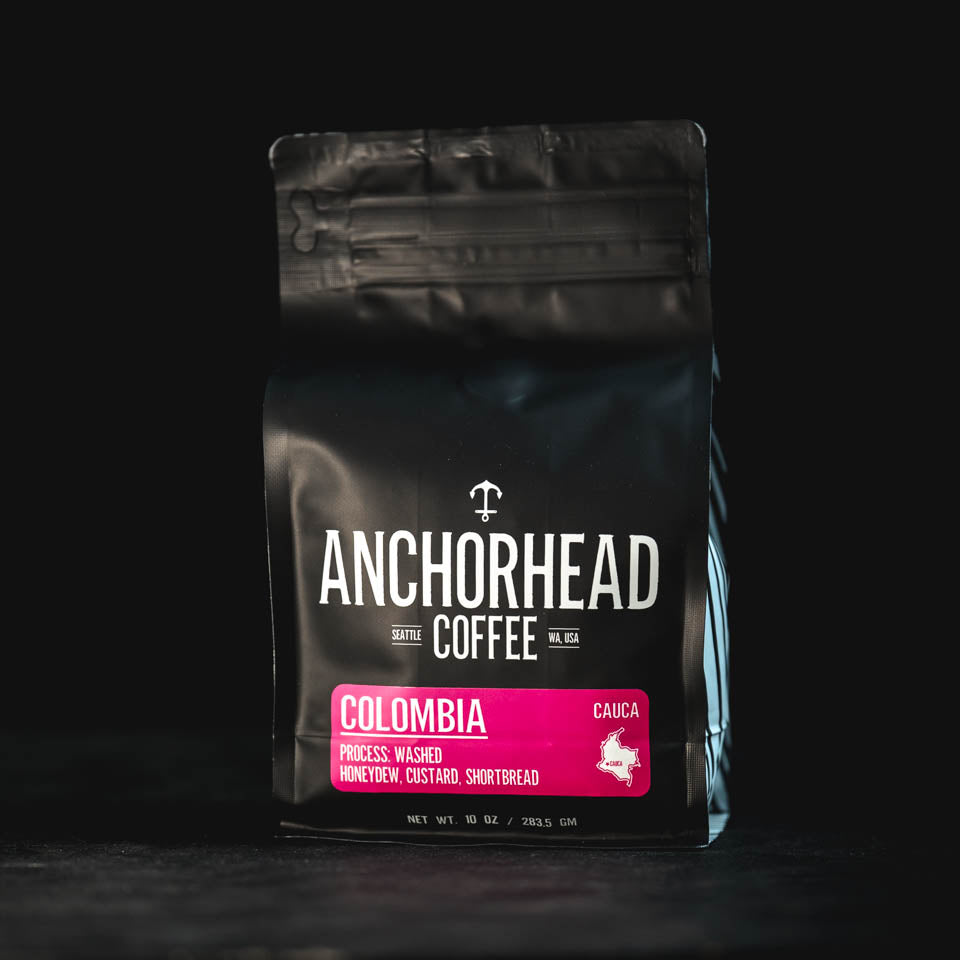 Anchorhead Coffee bag with Colombia label on a dark background