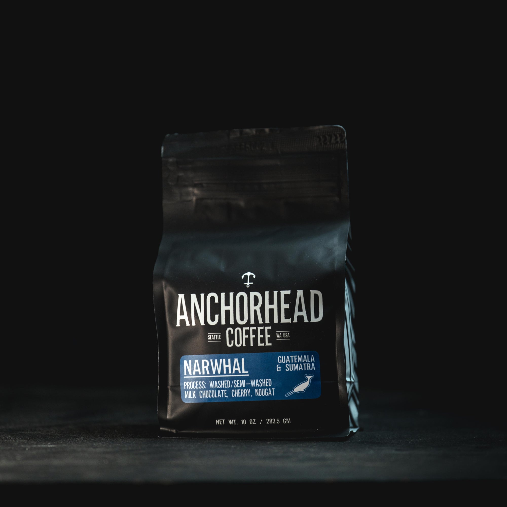 Narwhal Blend medium roast whole bean coffee bag from Anchorhead Coffee, Seattle