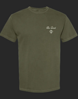 Green crew neck t-shirt with 'Be Good' text and a small logo on the chest.